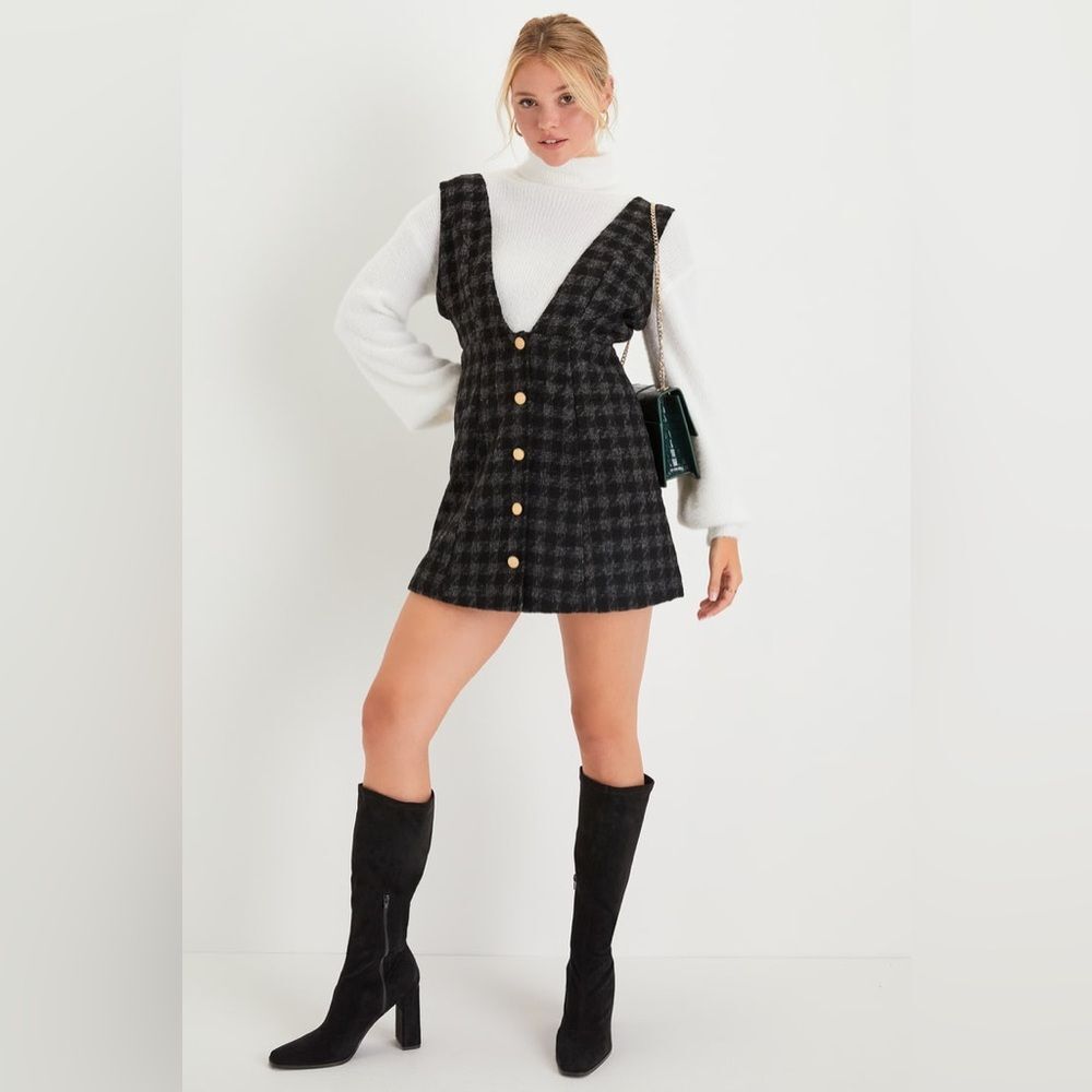 Lulu's Sz Medium Proper Cutie Black Plaid Tweed Preppy Jumper Pinafore Dress - Picture 2 of 6